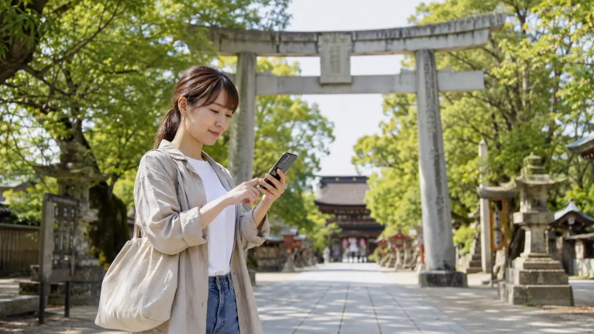 福岡神社パワー スポットの日帰りモデルコースを確認する日本人女性