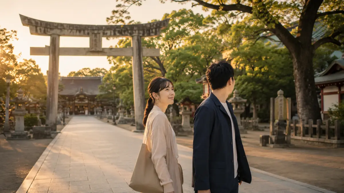 福岡神社パワー スポット巡りを終えて鳥居を振り返る日本人男女