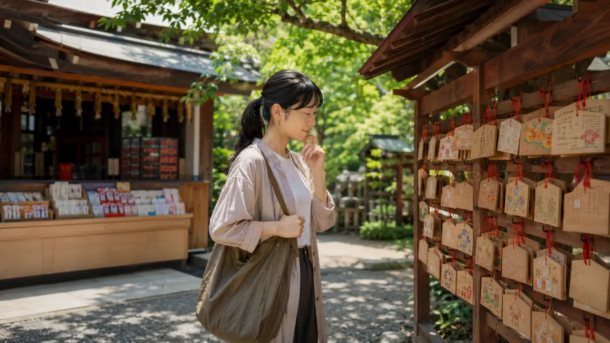 福岡神社パワー スポットを願い別に選ぶため絵馬を見る日本人女性