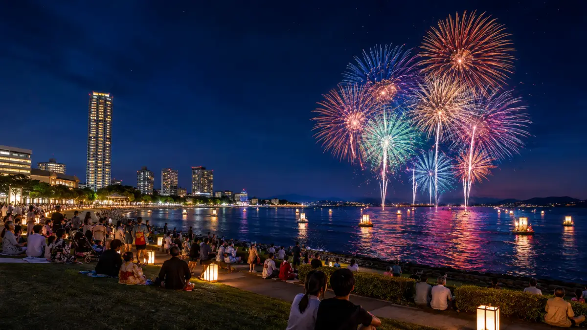 姪浜花火大会2026の観覧イメージ 愛宕浜の海辺から花火を観覧する人々を表現したイメージ画像