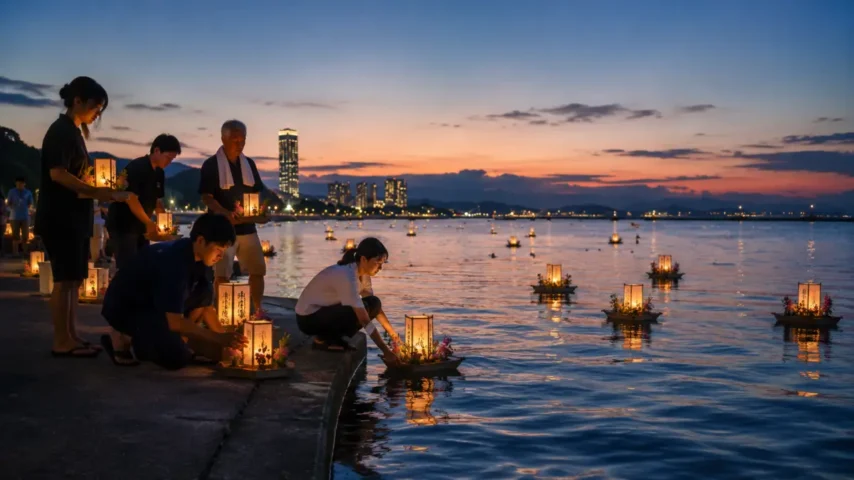 姪浜精霊流し2026のイメージ 姪浜の海辺で灯籠を流す精霊流しを表現したイメージ画像