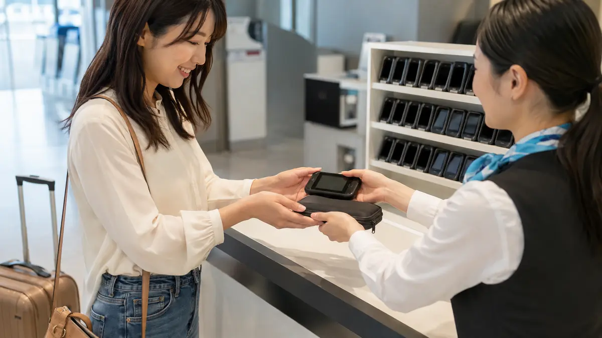 福岡空港のポケットWi-Fiレンタル 福岡空港のカウンターでポケットWi-Fiを受け取る旅行者