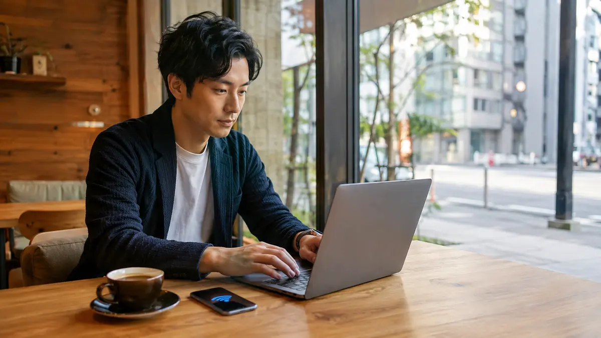 博多・天神周辺の無料Wi-Fiが使えるカフェ 福岡市内の無料Wi-Fiが使えるカフェでパソコンを利用する男性
