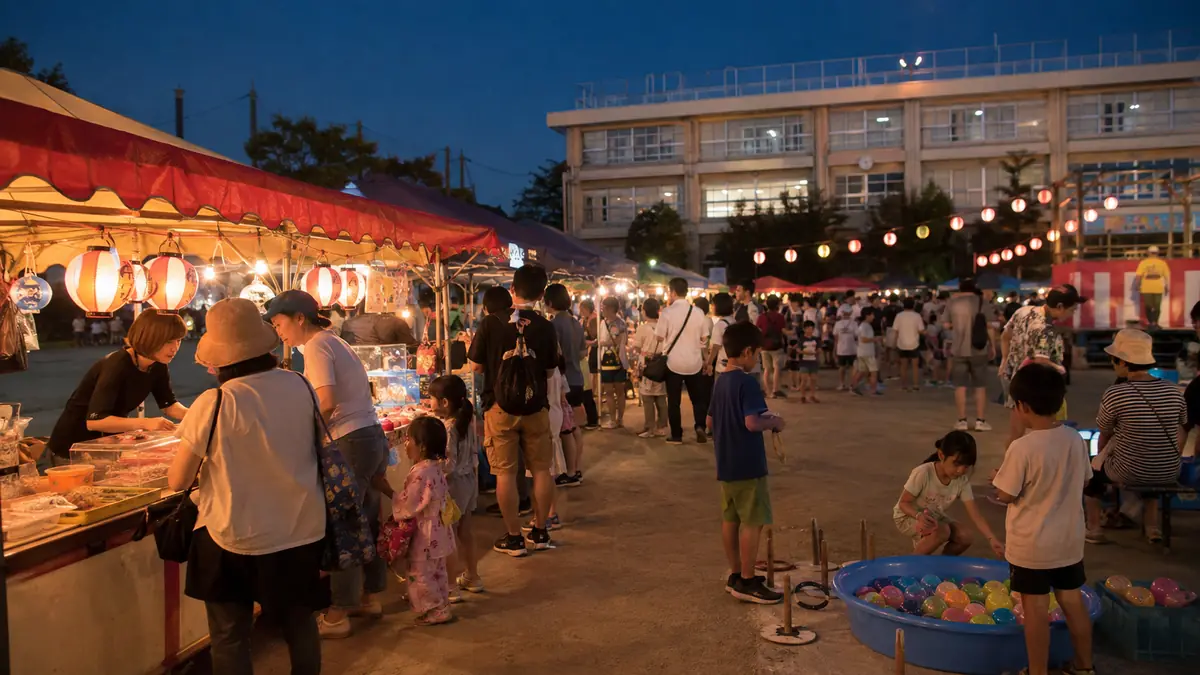 福岡市の校区祭りで屋台や縁日を楽しむ家族連れのイメージ