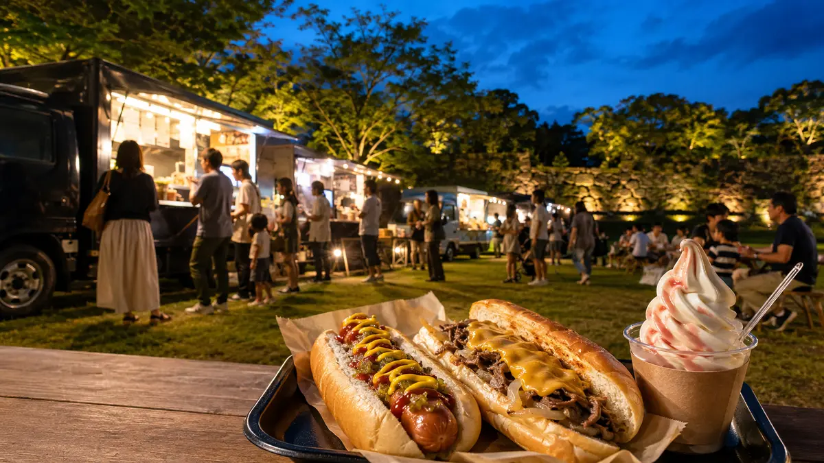 星空マルシェ舞鶴公園三ノ丸広場のキッチンカーとホットドッグのイメージ