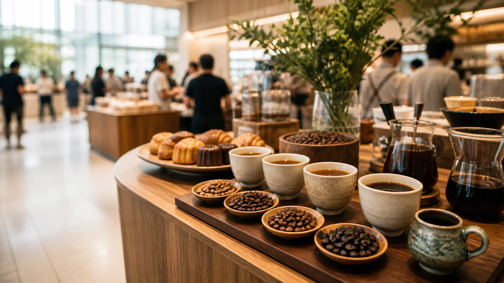 九州アジアコーヒーフェスティバル会場のコーヒーとスイーツ、コーヒー豆の展示の様子