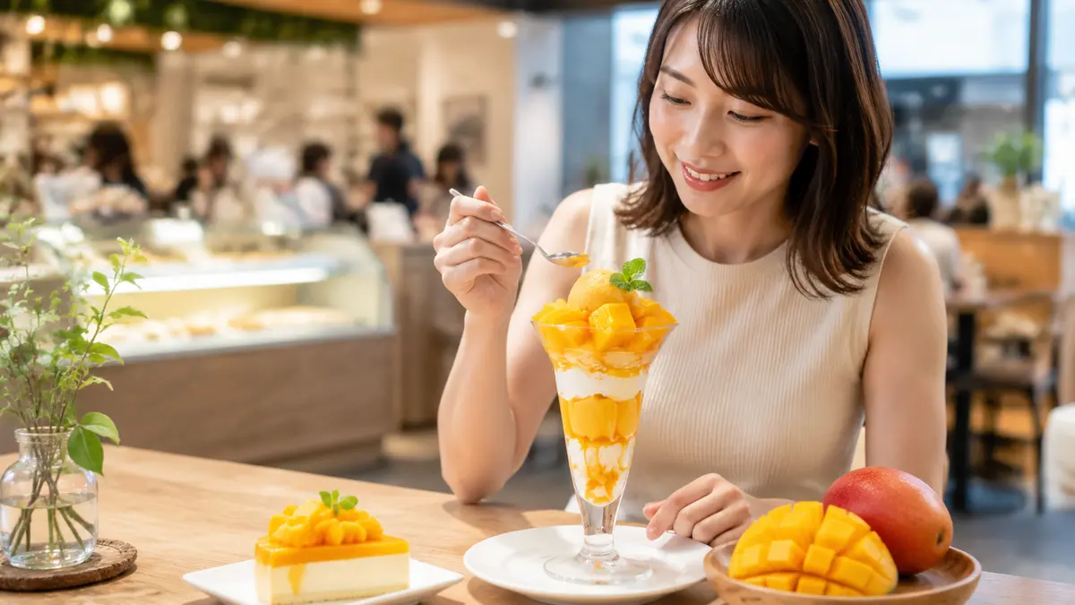 宮崎マンゴーとチーズのパフェを楽しむ日本人女性
