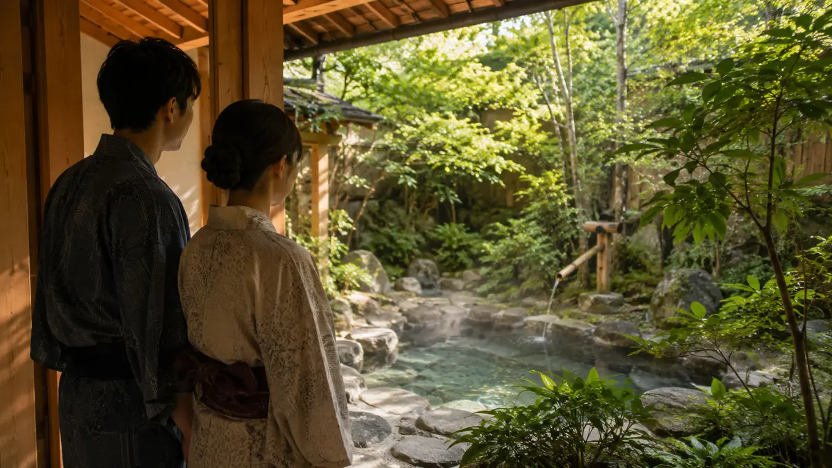 千と千尋 福岡温泉を思わせる篠栗の家族風呂を眺める日本人カップル