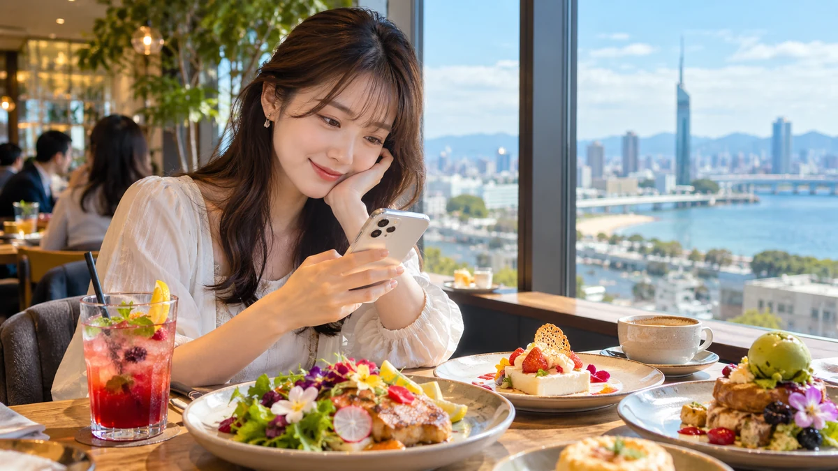 福岡 グルメ インスタで店を探し公式情報を確認する女性