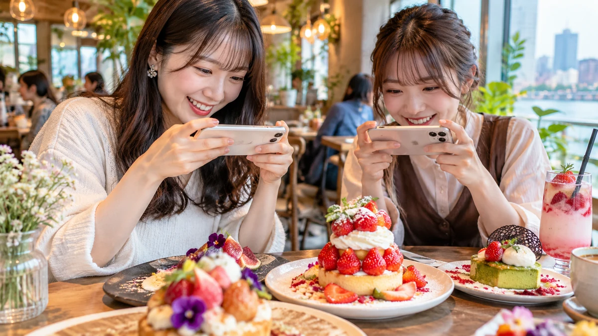 福岡 グルメ インスタで話題のスイーツを撮影する女性