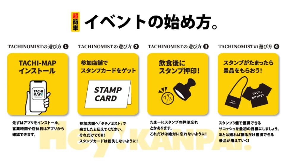 TACHINOMISTの遊び方 TACHI-MAPインストール→スタンプカードをゲット→飲食後にスタンプ押印→景品をもらおうの4ステップ